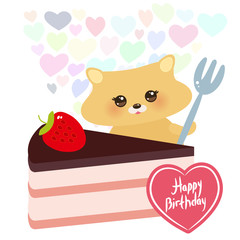 Happy birthday Card design cute kawaii hamster with fork, Sweet cake decorated with fresh Strawberry, pink cream and chocolate icing, pastel colors on white background. Vector
