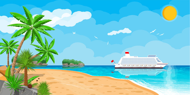 Tropical beach with cruise ship