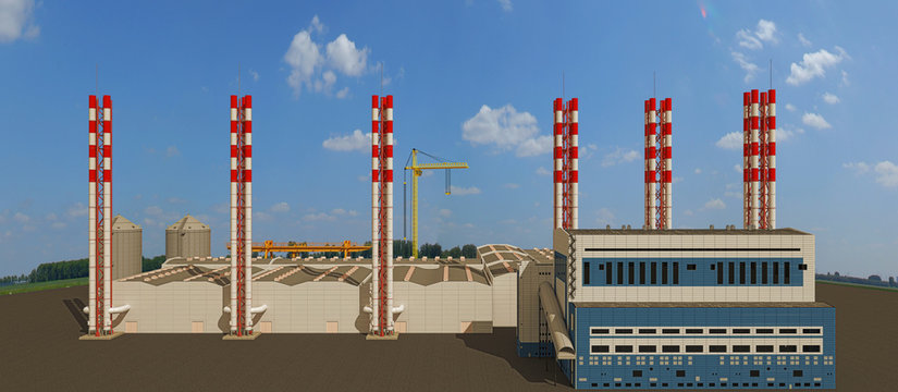 Fabbrica, Industria, Ciminiere, Siderurgica, Illustrazione 3d