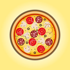 Pizza with mushrooms, salami, tomato and sausage. Illustration for advertisement, web sites, flyer, banners design. Vector illustration.