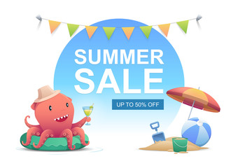 Cute red octopus holding a cocktail summer drink glass on the green inflatable swim ring on white background with summer sale message, summer sale and holiday concept. Vector illustration