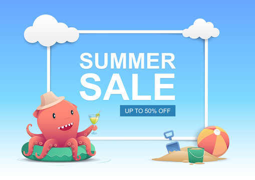 Cute red octopus holding a cocktail summer drink glass on the green inflatable swim ring on summer sale background, summer sale and holiday concept. Vector illustration