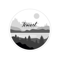 Forest logo design, beautiful nature landscape with silhouettes of trees, mountains and river, natural scene icon in geometric round shaped design, vector illustration in black and white colors