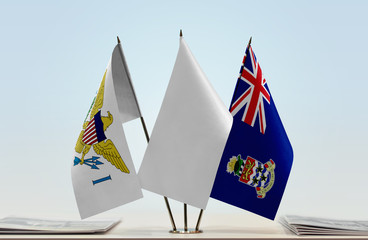 Flags of U.S. Virgin Islands and Cayman Islands with a white flag in the middle