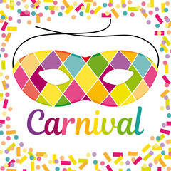 Joyful Carnival illustration with beautfiul Harlequin mask on a colorful confetti and streamers vector background.