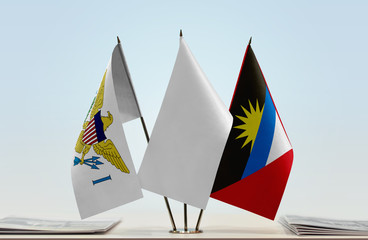 Flags of U.S. Virgin Islands and Antigua and Barbuda with a white flag in the middle