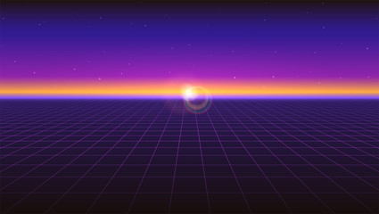 Sci fi futuristic horizontal abstract background. Violet retro gradient, vintage style of the 80s. Virtual surface with neon grids, digital cyber world. Vector illustration for your design of layout © eriksvoboda