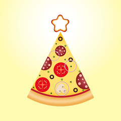 Pizza slice in tree shape with star on top. Pizza Christmas tree. Christmas and New Year pizza food delivery. Illustration for advertisement, web sites, banners design. Vector illustration isolated