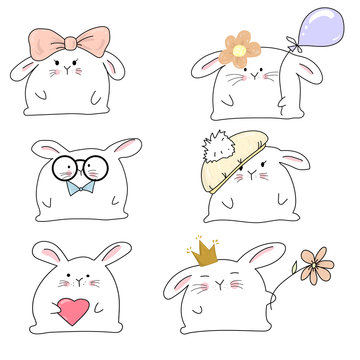 set of 6 funny and cute happy kawaii rabbits