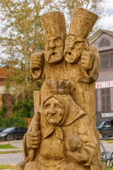 Wooden sculpture of the characters of Russian folk tales. Russia, Suzdal, September 2017.