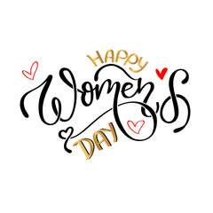 Women Day greeting card text calligraphy and hearts.