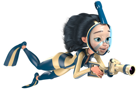 Snorkeling/ The girl with long hair in a yellow-blue wetsuit and a full-face mask for diving takes photos underwater. She holds in her hands an underwater camera. 3D illustration