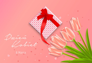 Mothers Day greeting card. Women's day card with Polish words DZIEŃ KOBIET. Tulip flower small hearts on white wooden background.