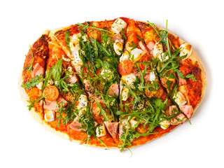 Oval homemade pizza with meat and vegetables. white isolated background