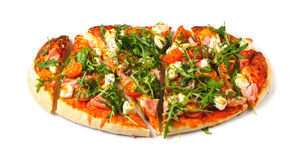 Oval homemade pizza with meat and vegetables. white isolated background