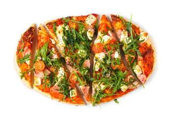 Oval homemade pizza with meat and vegetables. white isolated background