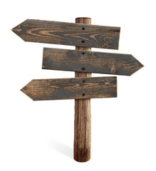 Wooden sign with three directional arrows isolated on white 3d illustration
