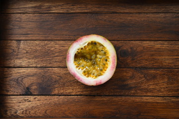 close up of fresh purple passion fruits harvest from farm