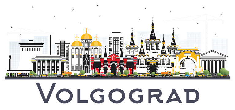 Volgograd Russia City Skyline with Color Buildings Isolated on White.