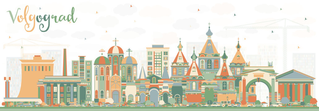 Volgograd Russia City Skyline with Color Buildings.