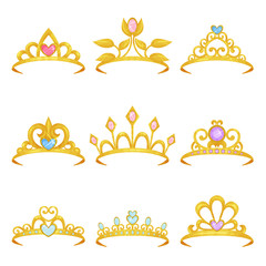 Collection of various royal crowns decorated with shiny gemstones. Golden princess tiara. Precious women s accessories. Expensive jewelry. Colorful flat vector design