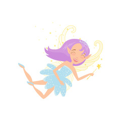 Happy little fairy with purple hair dressed in fancy blue dress. Girl with beautiful wings flying and spreading magic dust by her wand. Imaginary fairytale character. Flat vector