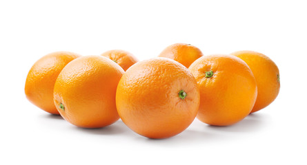 Juicy ripe oranges on white background