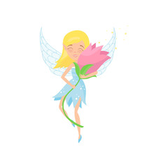 Cute fairy flying with beautiful pink flower in hands. Cartoon blond girl in blue dress. Adorable pixie with little wings. Fictional fairytale character. Flat vector design