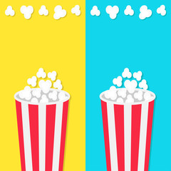 Popcorn round bucket box set. Movie Cinema icon in flat design style. Pop corn popping. Fast food. Blue and yellow background template.