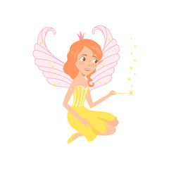 Red-haired fairy sitting and spreading pixie dust using magic wand. Fantasy fairytale character. Cartoon smiling girl with beautiful wings. Colorful flat vector design