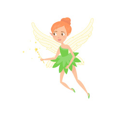 Cartoon illustration of fairy girl with magic wand in hand. Cute fairytale character with elf ears and wings. Little pixie in green dress. Colorful flat vector design