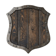 Wooden medieval heraldic shield isolated 3d illustration