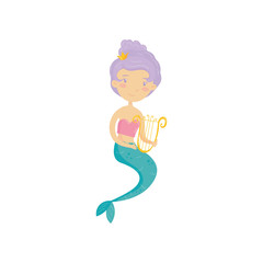 Water nymph with golden harp in hands. Beautiful mermaid with purple hair and turquoise tail. Underwater marine life. Flat vector design for t-shirt print or kids book