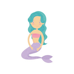 Smiling mermaid with long turquoise hair. Cartoon girl with purple fish tail. Beautiful mythical creature. Flat vector design for children book, sticker or postcard
