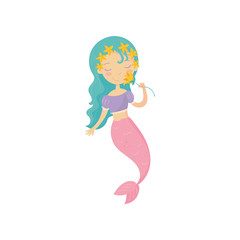 Obraz premium Cartoon illustration of mermaid with yellow flower in hand. Mythical marine creature. Underwater life. Flat vector design for postcard or children book