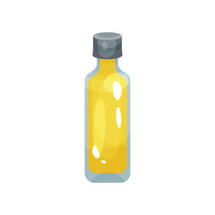 Transparent glass bottle of rapeseed oil. Cooking ingredient. Concept of grocery goods. Flat vector design for promotional banner, poster or flyer