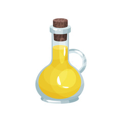 Small glass jug with tapered bung filled with rapeseed oil. Cooking ingredient. Organic and healthy product. Transparent bottle in form of flask. Flat vector design