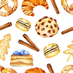 Watercolor yummy seamless pattern. Pattern with biscuit, croissant, bretzel, macaron, pancakes, cinnamon. Perfect for you postcard design,invitations,projects,wedding card,poster,packaging.