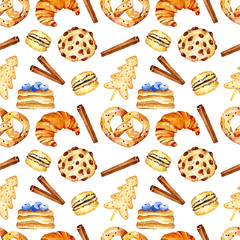 Watercolor yummy seamless pattern. Pattern with biscuit, croissant, bretzel, macaron, pancakes, cinnamon. Perfect for you postcard design,invitations,projects,wedding card,poster,packaging. - 193086899