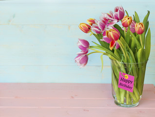 Happy Birthday Greeting Card with Spring Bouquet of Tulips