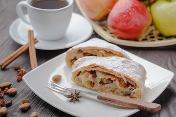 German strudel with apples,strudel with almonds and apples and raisins,home-made strudel,homemade baking,traditional strudel
