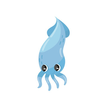 Adorable blue squid with big shiny eyes. Funny sea creature. Marine animal. Cartoon cephalopod mollusk. Underwater wildlife. Colorful flat vector design