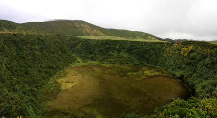 Fototapeta na wymiar Panoramic view to Caldeira Seca lake at Flores island, Azores. Portugal