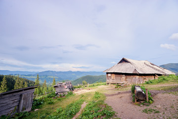 Fototapeta na wymiar Beautiful mountains landscape with green meadow, sunset and wooden house. Carpathians, Ukraine.