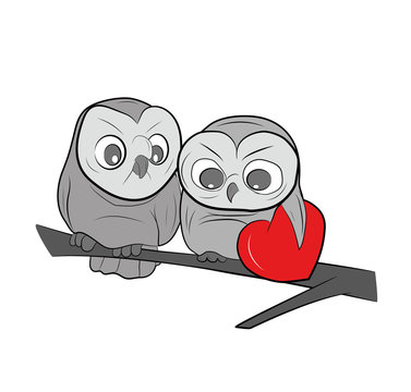 Two cute drawn Owls sits on a branch. vector illustration