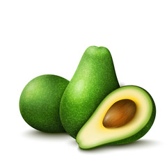 Vector realistic fresh fruit avocado isolated on white background. Whole and cut in half avocado with pit