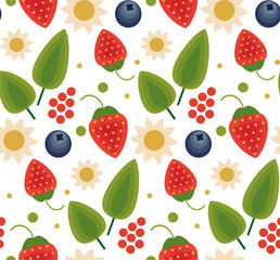 Vector flat style seamless pattern with forest folk berries. Ornamental, traditional, simple seamless pattern with forest berries strawberries, deep, blueberries, flowers, leaf.