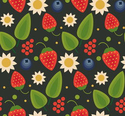 Vector flat style seamless pattern with forest folk berries. Ornamental, traditional, simple seamless pattern with forest berries strawberries, deep, blueberries, flowers, leaf.