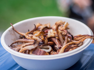 Close up view grilled squid in the blow foam in the picnic camping.
