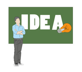 a man stands near the board with the inscription IDEA. vector illustration.